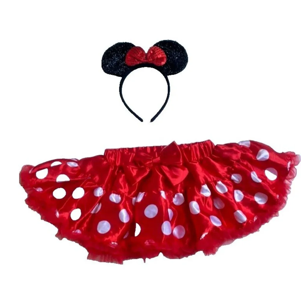 Disney Minnie Mouse Skirt Red Polka Dot Ruffled Tulle Costume w/ Ears -Size 4 T